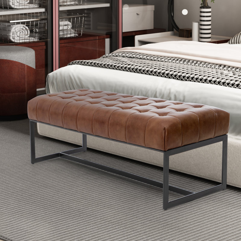 130cm Wide Genuine Leather Bench Tufted Iron Frame , Brown