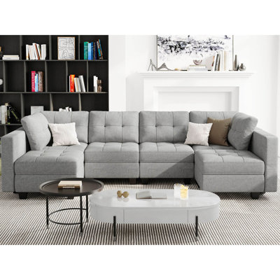 Ashbury Ivery 116.6" Wide U Shaped Linen Reversible Modular Sofa Livingroom Apartment Storage Sofa Sectional Couch