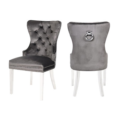 Button- Dark Gray Velvet Chair With Stainless Steel Legs Elegant In - Functional Furniture