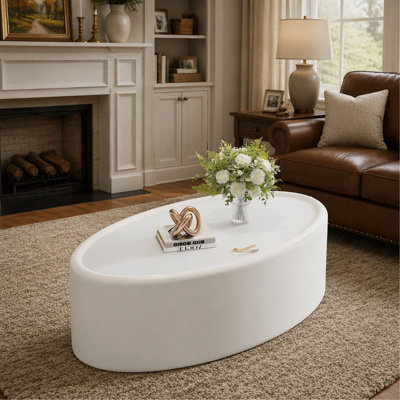 Table basse de rangement ovale cachée 33,46 po - Plateau en verre trempé certifié 3C et table basse de rangement blanche moderne en cuir de qualité supérieure pour le salon