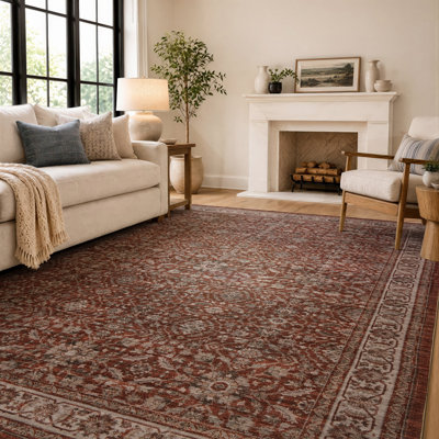 Tapis vintage traditionnel à motif floral rouge terracotta, lavable à la machine et doté d'un envers antidérapant