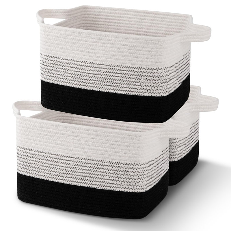  Storage Baskets Set of 3 Woven Cotton Rope, Black