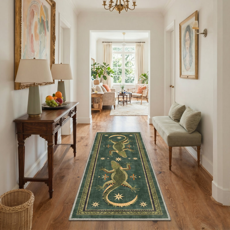 Reptilia Animal Print Machine Washable Green Indoor Area Rug with Non-Slip Backing, Runner 2'6" x 8'