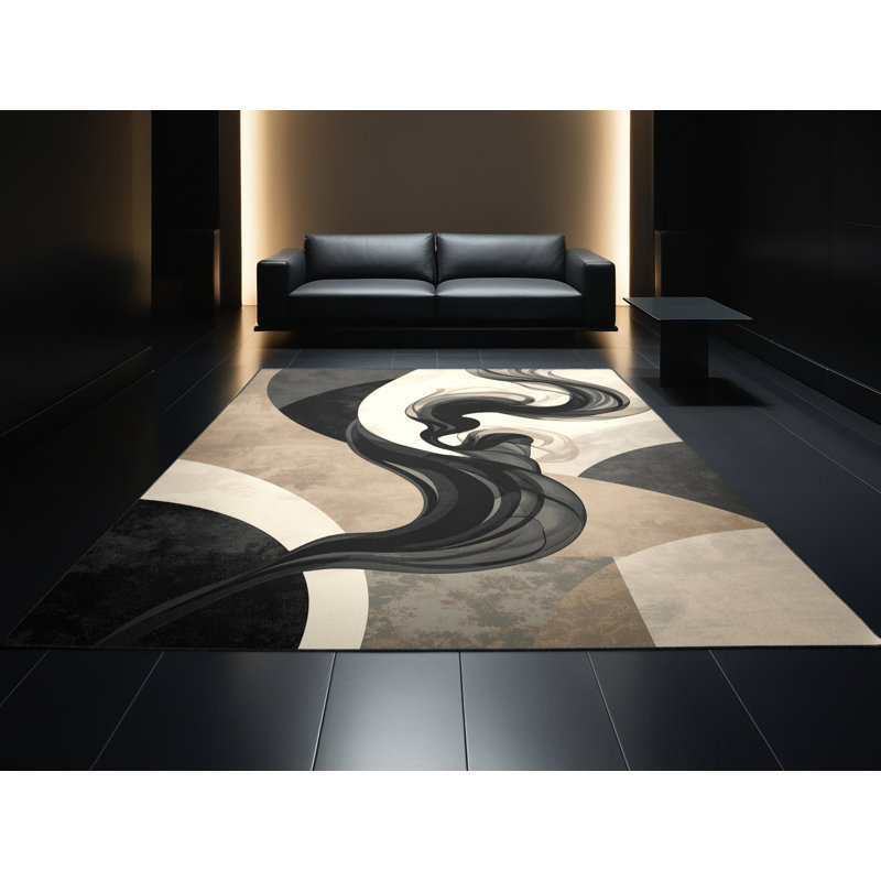 Tapis moelleux moelleux et moelleux à motif d'arc moderne gris et noir, 7 x 9