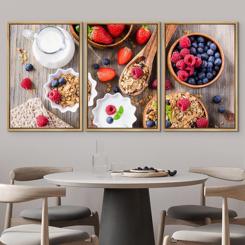 Petit déjeuner avec décoration murale moderne muesli, baies, pain frais et yogourt, Cadre naturel flottant, H 36 po x l 72 po