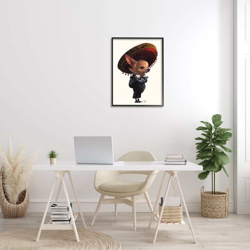 Mariachi Chihuahua avec Sombrero - impression, H 30 po x l 24 po x 1,5 po, Giclée encadrée noir minuit