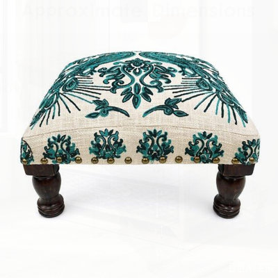 Bohemian Embroidered Upholstered Foot Stool,Decorative Ottoman for Living Room & Bedroom