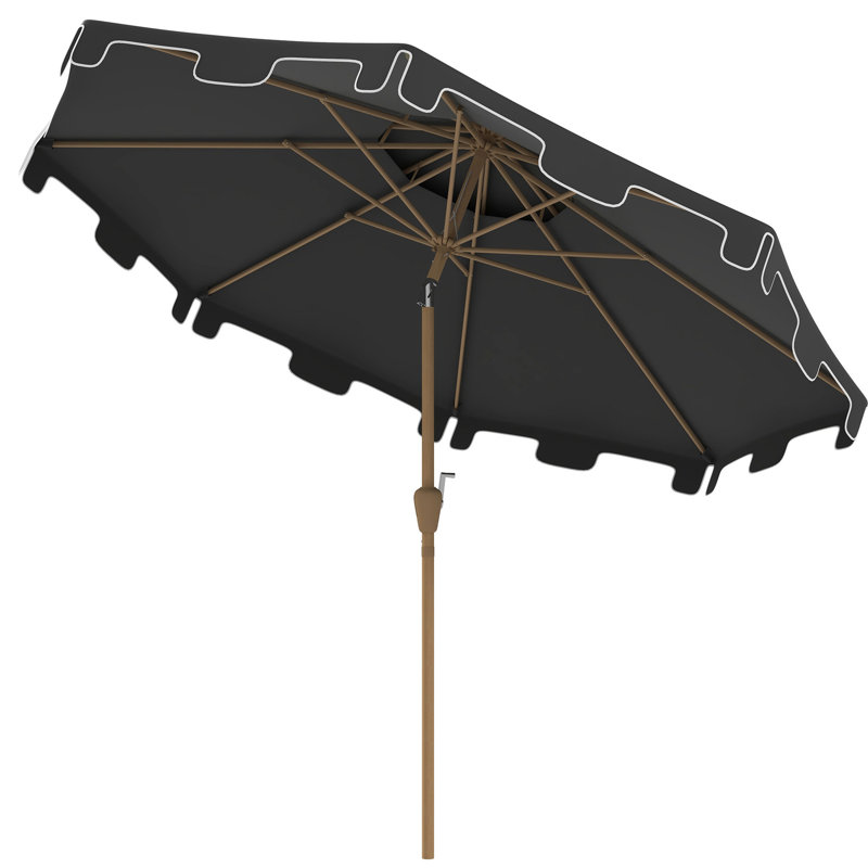 Parasol de patio de 9 pi pour piscine de terrasse de jardin, gris foncé avec 8 nervures, inclinaison et manivelle à bouton-poussoir, manivelle à fonction extérieure à volants à double plateau - couleur piscine