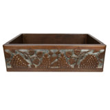 33" Hammered Copper Kitchen Apron Single Basin Sink w/ Vineyard Design and Apron Front Nickel Background with Matching Drain and Accessories