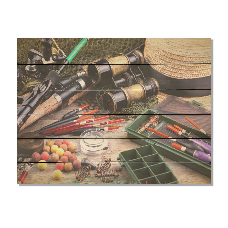 Fishing Supplies Layout - Hunting & Fishing Wood Panel Wall Art On Natural Pine Wood, 24" H x 32" W