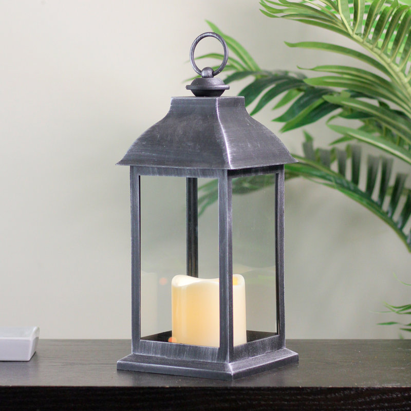 Lanterne noire 12,5 "en argent brossé avec bougie DEL sans flamme