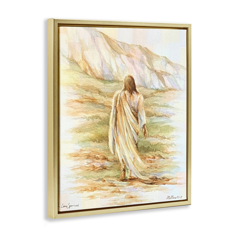 «Forty Days Jesus Walking Floater», art mural par Linda Sperruche, H 31 po x l 25 po, Cadre flottant métallique doré