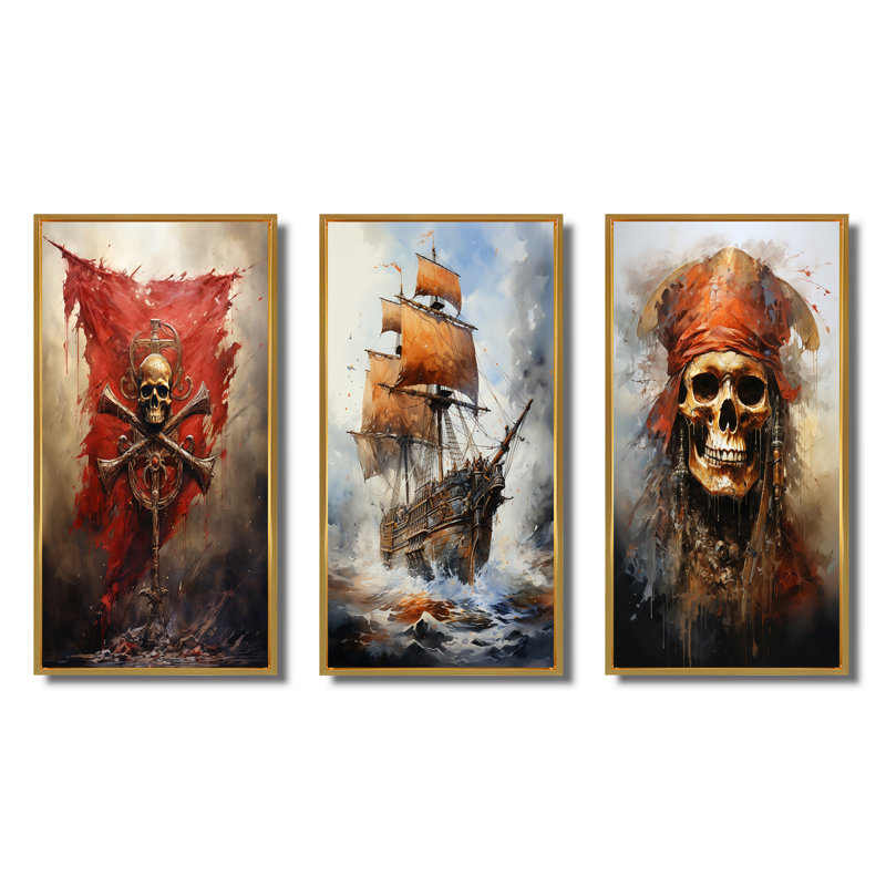 Drapeau pirate «Jolly Rogers Legacy», ensemble de 3 pièces d'art pirate, Cadre flottant doré, H 28 po x l 36 po