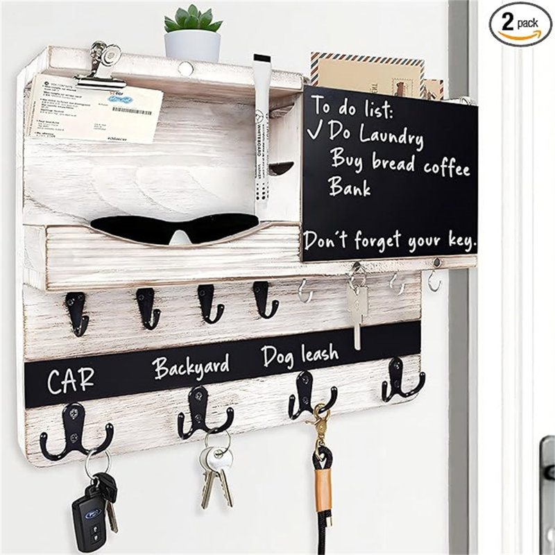 White Washed Pine Wood and Metal Wall Mounted Key and Mail Holder