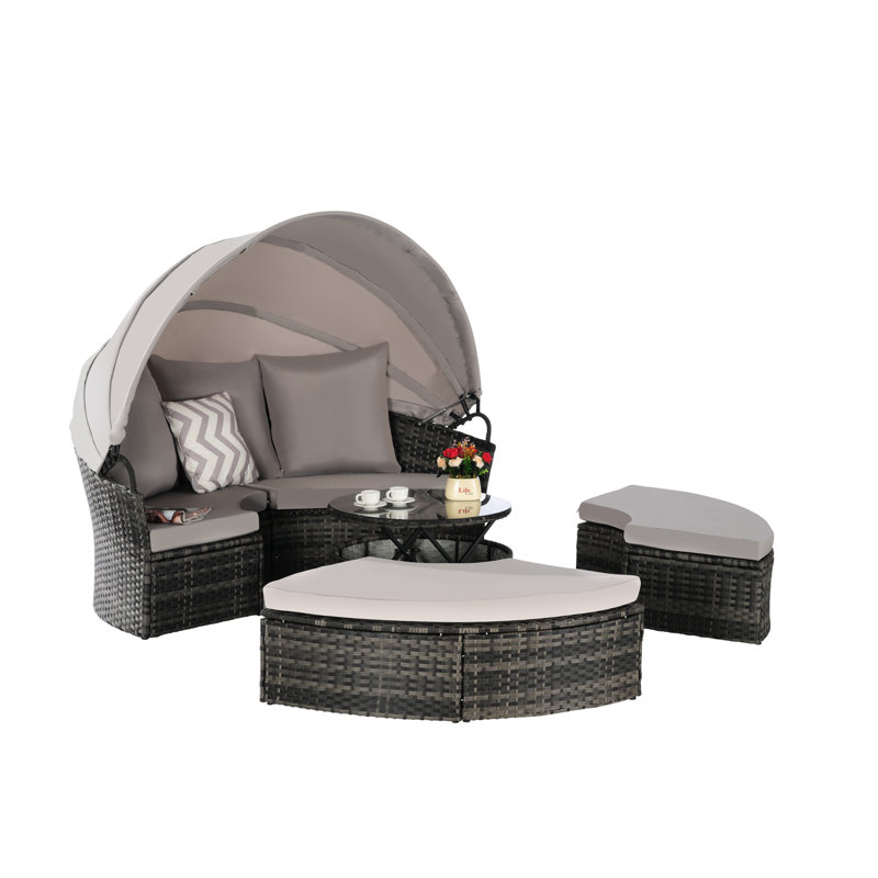Lit de jour pour l'extérieur, construction, coussins confortables, table de loisir avec auvent, fabrication hydrofuge