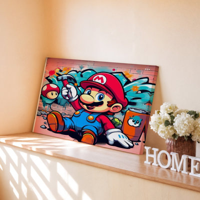Personnage de dessin animé coloré avec un chapeau rouge et un marteau graffiti, reproduction d'art sur toile pour le salon, la chambre à coucher, le bureau, le couloir, le vestibule, le mur de la galerie et la décoration moderne
