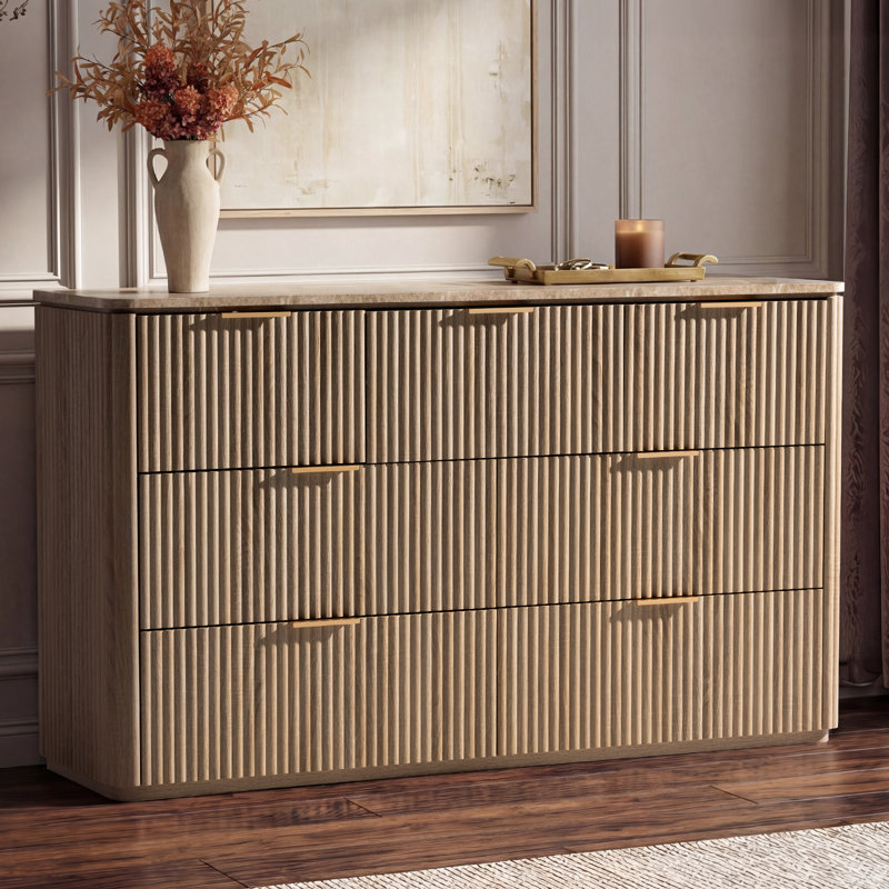 Commode moderne à 7 tiroirs avec plateau en faux marbre, commode 3 côtés, Chêne