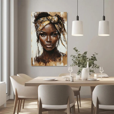 1Pc Framed Canvas Poster Print African Woman Portrait, Golden Headscarf, Realistic Oil Painting Style Wall Art, Wall Decor, Perfect for Room Decor Living Room Bedroom Office Kitchen Bathroom Home Decor, Rustic & Modern Ideal Home Wall Decoration