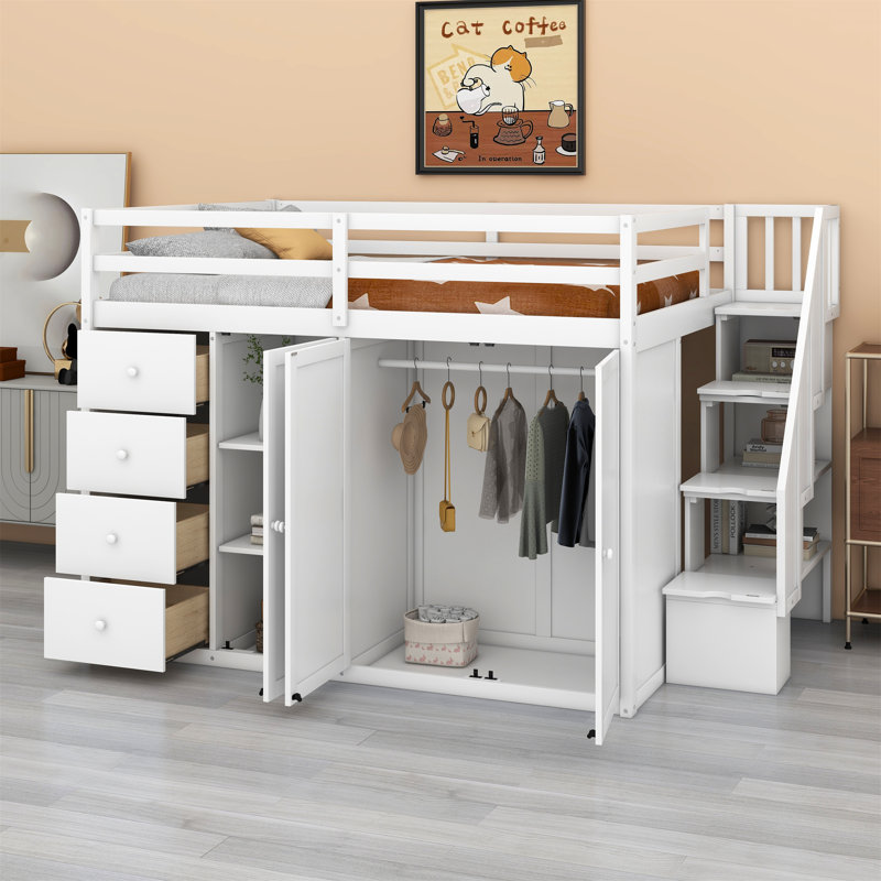 Jeanni Kids Full Loft Bed with Drawers, White