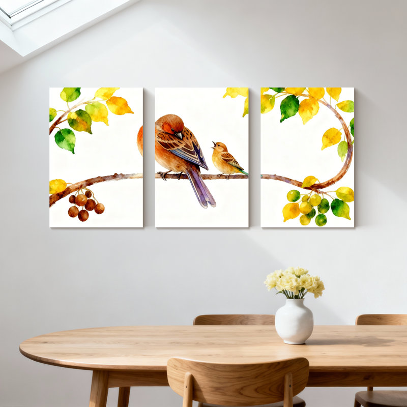 Birds Birds Perched On Branch With Leaves And Berries Set of 3 Canvas Wall Art Prints, 18" H x 36" W