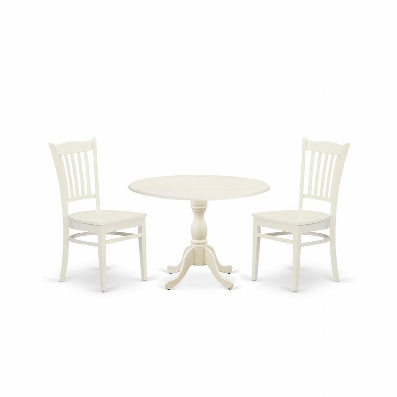 3 Piece Dining Set Contains a Round Dining Room Table with Dropleaf and 2 Kitchen Chairs, 42x42 Inch, Linen White