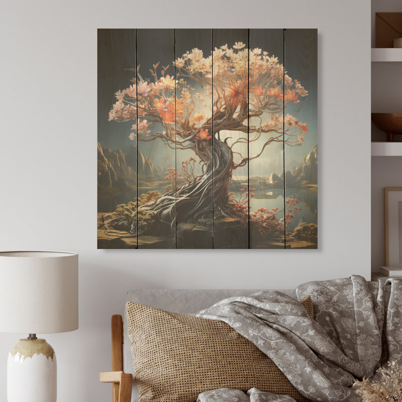Mums Surreal Serenity Pastel Tones - Mums Wood Art On Natural Pine Wood, 15" H x 15" W