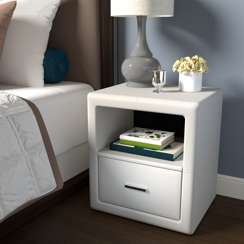 Manhattan Upholstered Faux Leather Nightstand-Pre Assembled Low Profile End Table, White