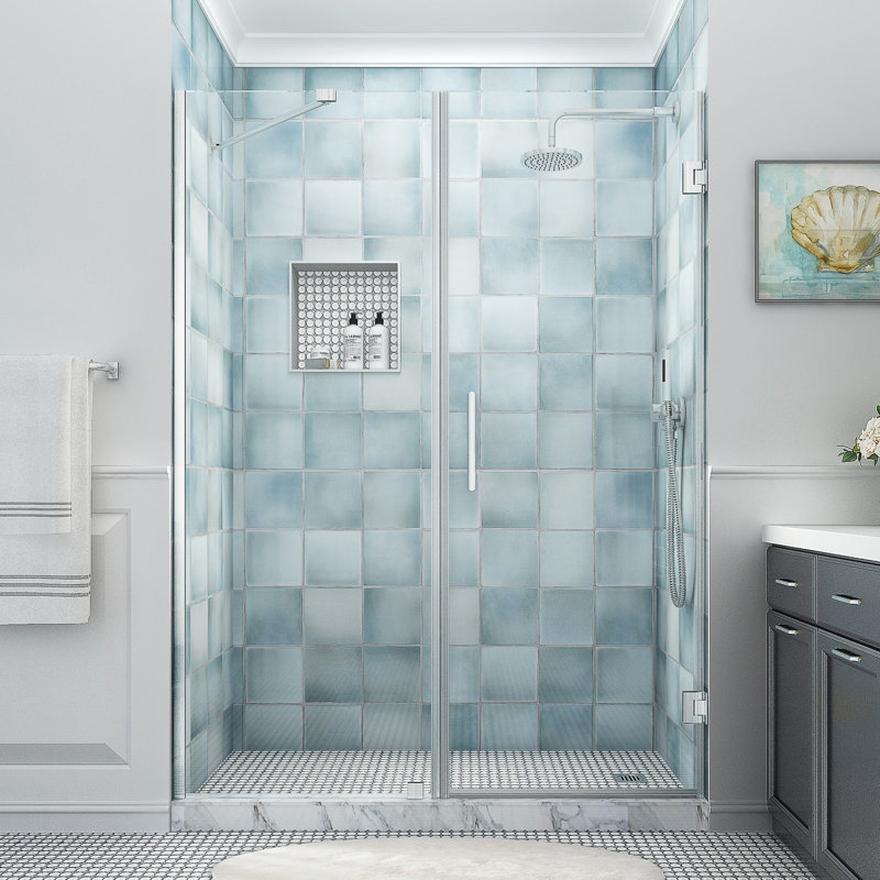 Belmore XL 59.25 - 60.25 in. W x 80 in. H Frameless Hinged Shower Door, Stainless Steel, Clear Glass