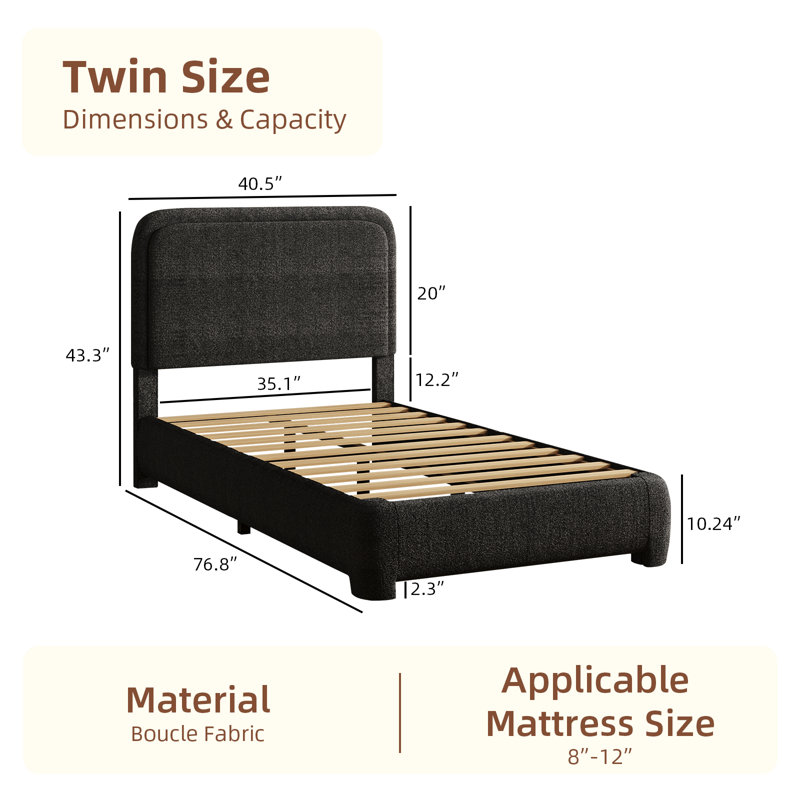 Lit plateforme tapissier Hayden, Lit simple, Noir