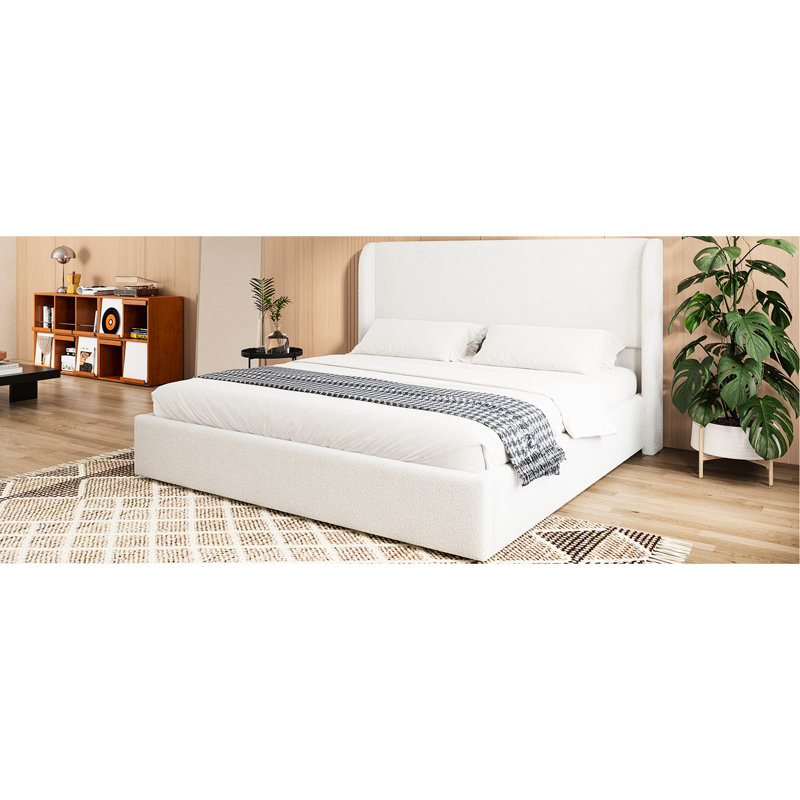 White King - Sized Boucle Bed Frame, Upholstered With Headboard And Metal Legs, No Box Spring Necessary. Comfortable Foam Padded Back Sides, Skin Fabric, Modern Wingback Design Nailhead Trimmed Arms,