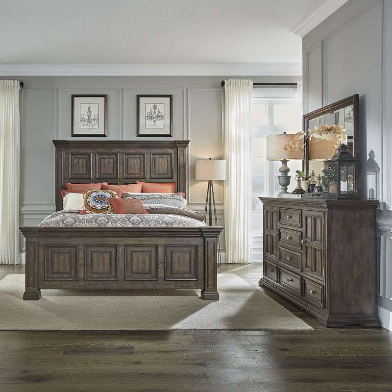 Ensemble de chambre à coucher avec lit à panneaux, commode et miroir Temple Cloud, Marron, King