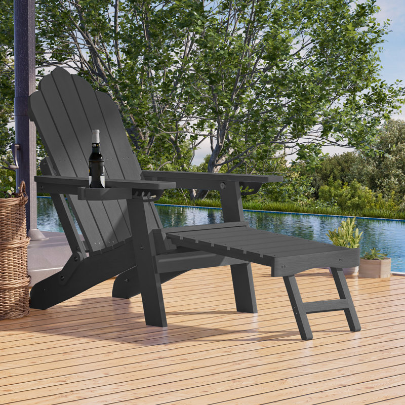 HIPS Folding Adirondack Chair Adjustable Chair with Ottoman Fire Pit Patio Chair for Outdoor, Black