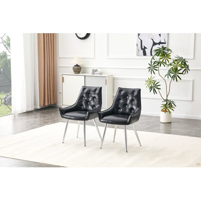 Crocodile Pattern Premium PU Leather Accent Chair, Diamond Decor Backrest, Chrome Silver Metal Legs & High-Resilience Sponge Cushion – Versatile For Office, Dining Room & Living Room (Black, Set Of 2)