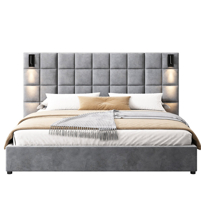 Très grand lit avec housse en velours gris, lampe de lecture et tête de lit spacieuse, rembourrage en mousse, structure en bois, sans matelas ni tables de chevet, sommier tapissier, méthode d'assemblage simple revêtue de velours, rembourrage généreux,