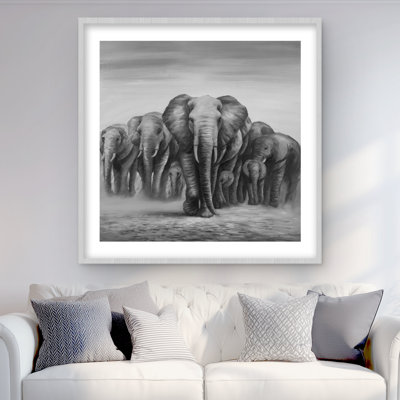 Troupeau d'éléphants - impression encadrée avec passe-partout