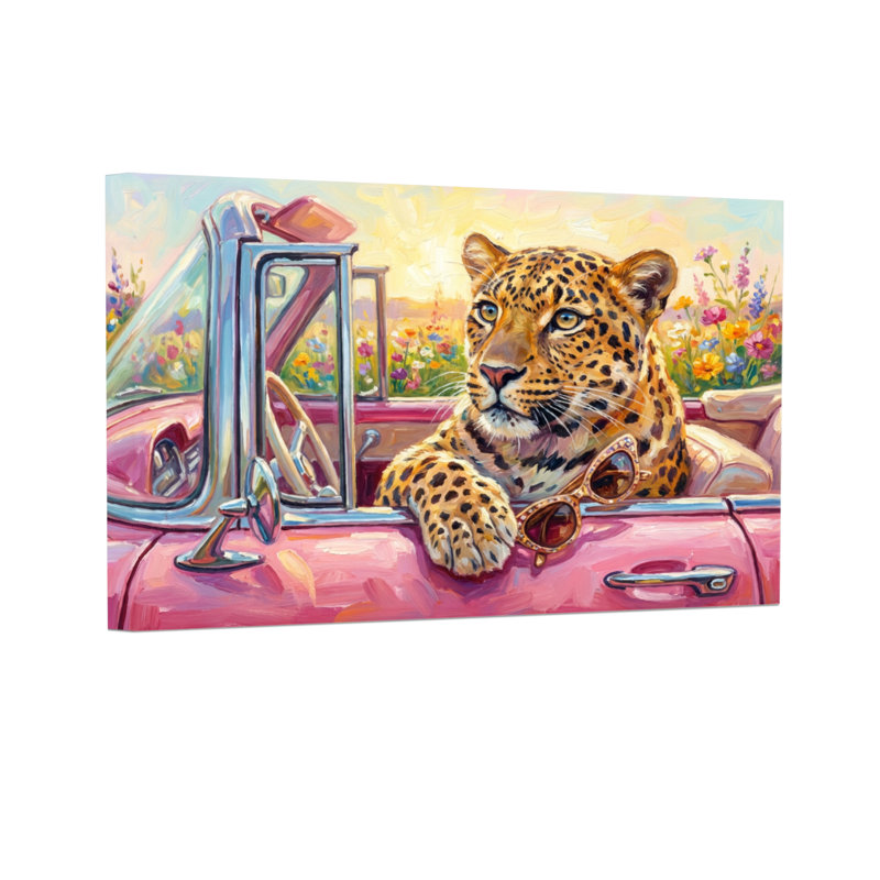 Animaux léopard dans une voiture rose avec lunettes de soleil, H 12 po x l 18 po