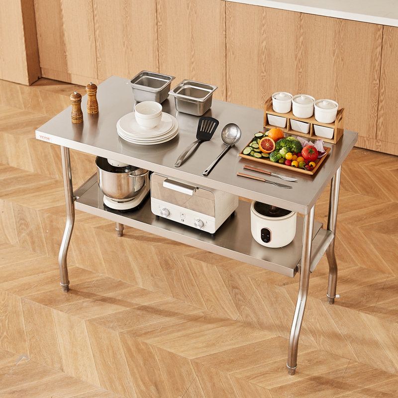 Table de préparation commerciale pliante, poste de travail commercial de 122 x 61 cm avec tablette inférieure, table pliante robuste en acier inoxydable supportant une charge de 136 kg, conçue pour la cuisine domestique, les restaurants et les garages.