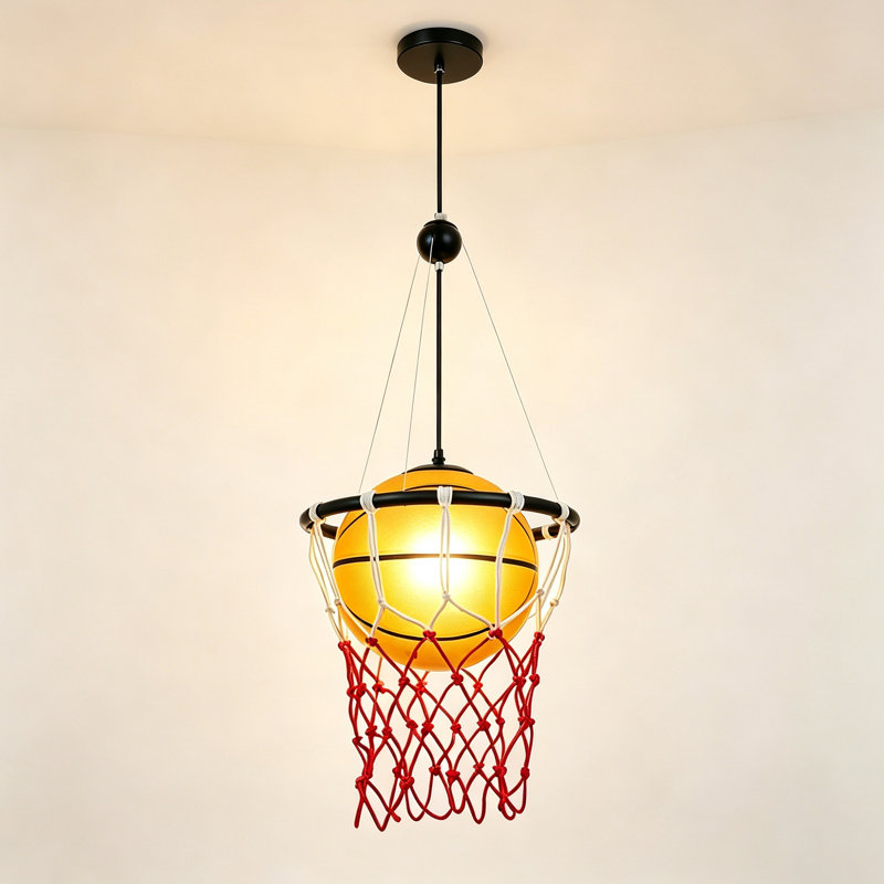 Suspension en forme de ballon de basketball, luminaire suspendu sur le thème du sport avec filet rouge, finition noire, ampoule E26 non incluse