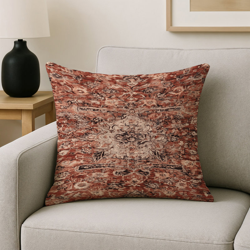 Coussin décoratif intérieur et extérieur Modern, Terre cuite / beige / damas noir, Carré 20 po