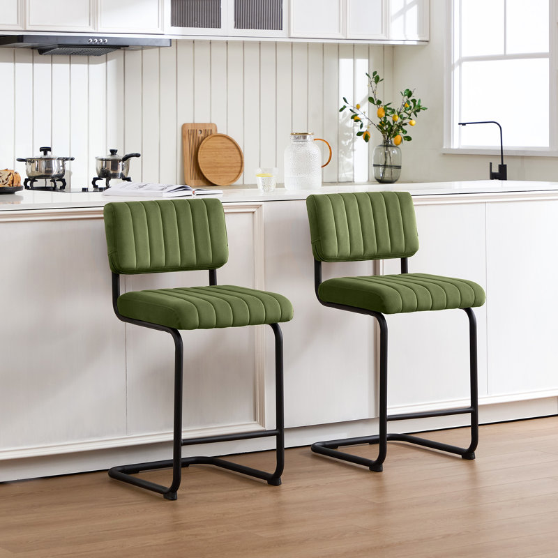 Tabouret de bar / comptoir en velours capitonné à dossier bas Marlow, Vert olive