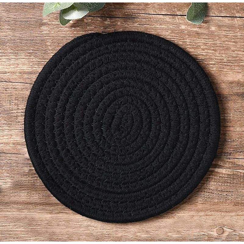 Ensemble de 3 pièces - Napperon rond noir tissé épais épais en coton naturel résistant à la chaleur, Noir