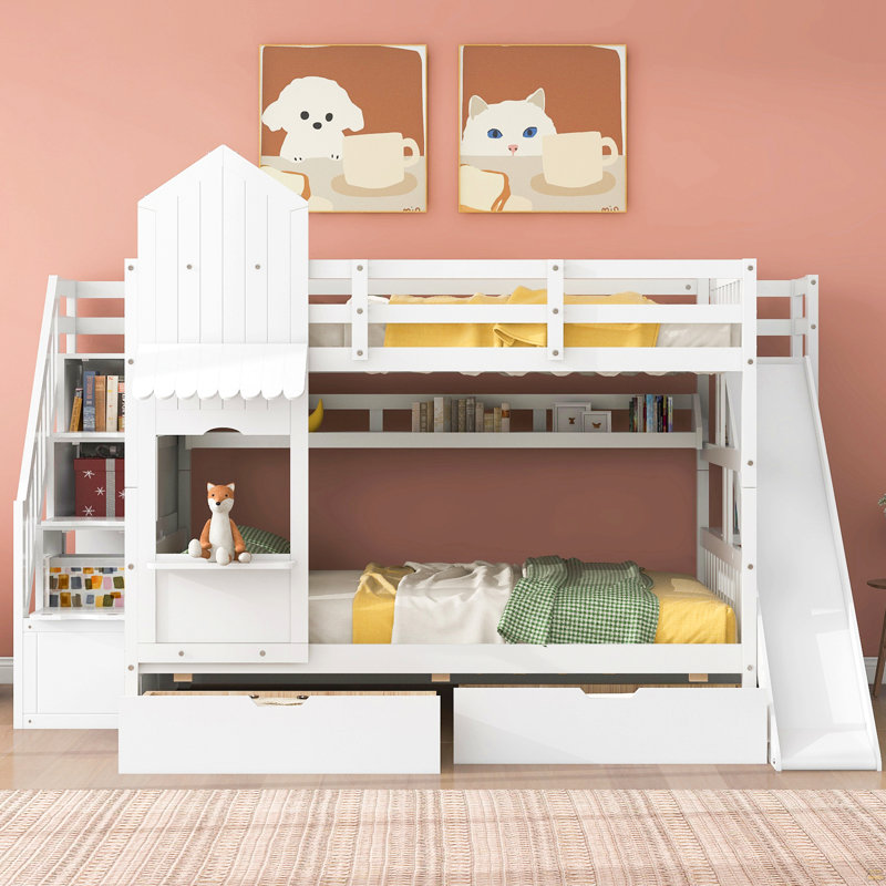 Full-Over-Full Castle Style Bunk Bed With 2 Drawers 3 Shelves And Slide
