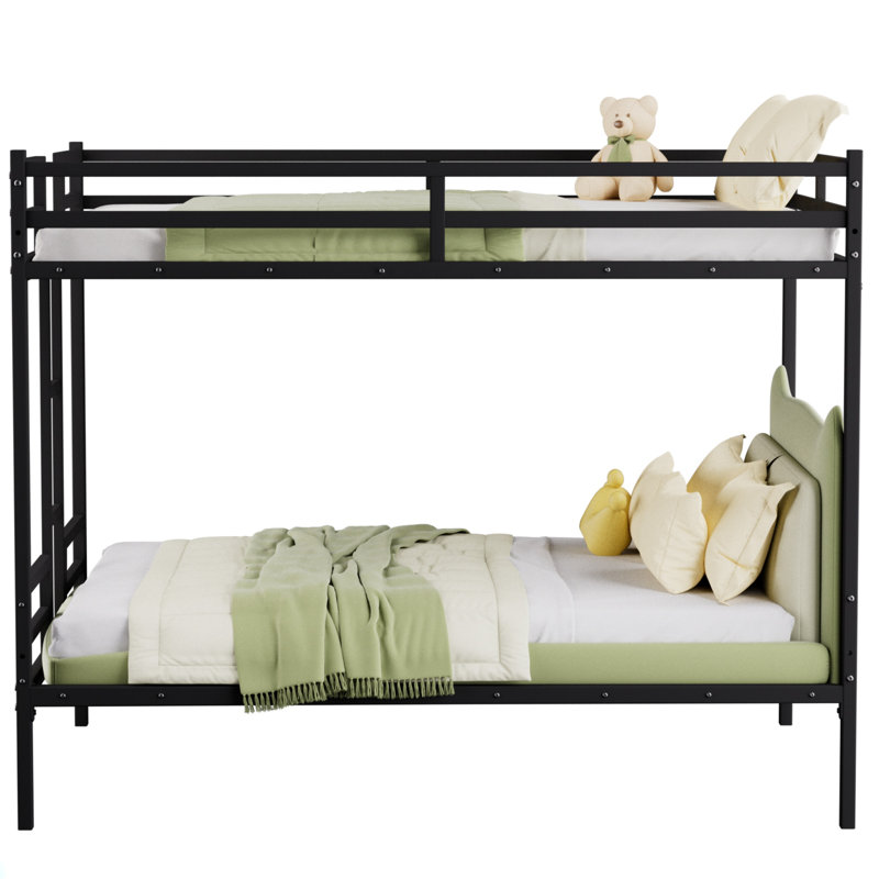Queen Bunk Bed, Metal Bed Frame With Full-Length Guardrail And Ladder