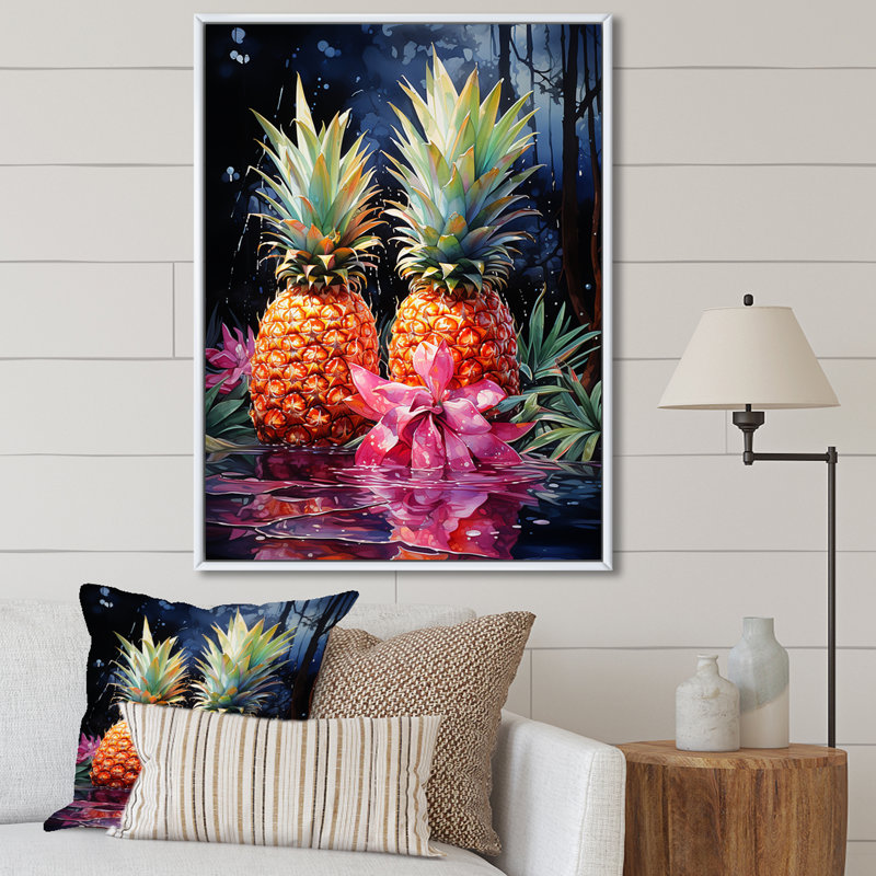 Nectar néon ananas sur toile, H 40 po x l 30 po x P 1,5 po, Cadre flottant blanc