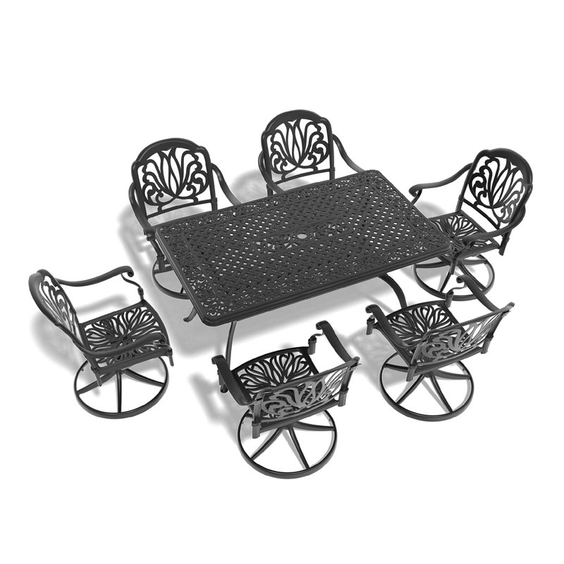 Ensemble de salle à manger 7 pièces en fonte d'aluminium toutes saisons, comprenant 6 chaises pivotantes et une table rectangulaire avec cadre noir