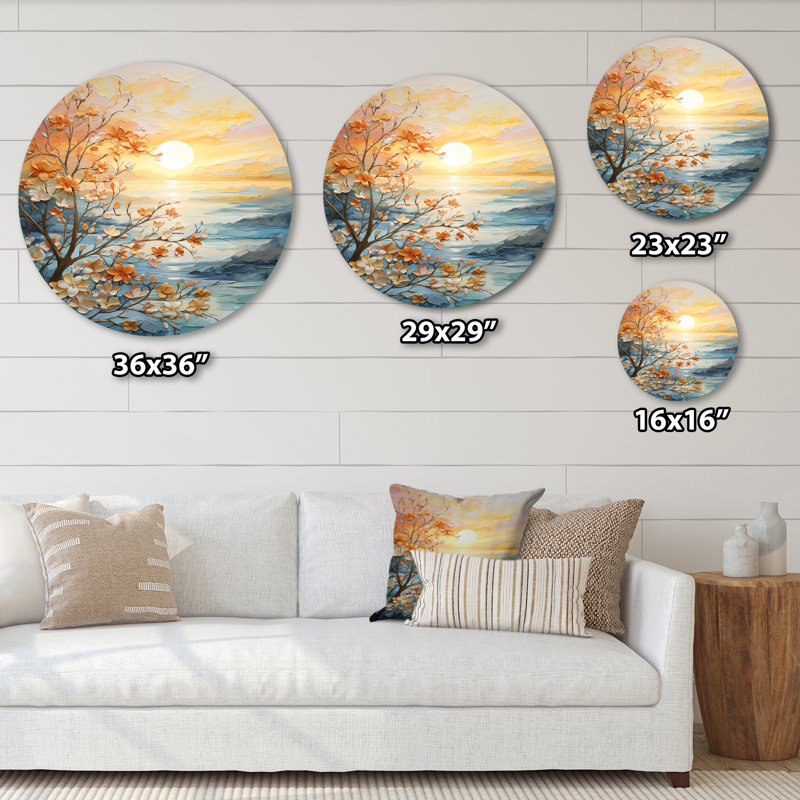 «Bold Sunrise Eernal Renewal I - Paysages», art rond en métal, H 36 po x l 36 po