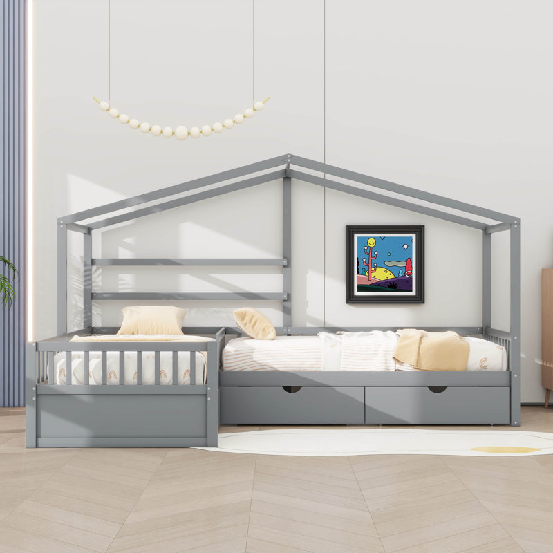 Lit plateforme simple avec trois tiroirs de rangement intégrés, Gris
