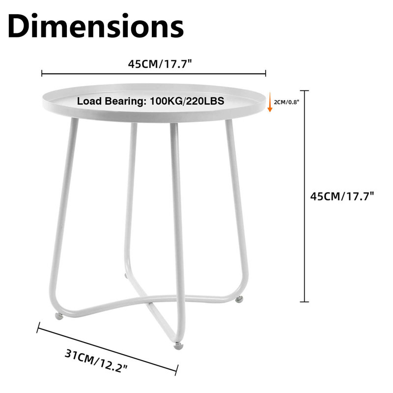 Metal Patio Table Outdoor Round Side Tables, White