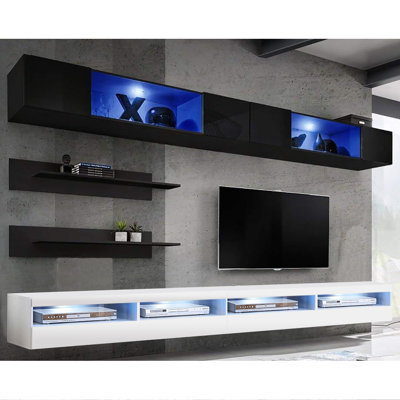 Bergenia 126" Modern Floating Wall Mounted Entertainment Center with 16-Color LED Lighting, High Gloss Finish