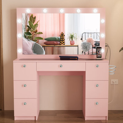 Boahaus Eve Makeup Vanity in Greige with LED Lights, Glass Top, 7 Drawers and USB (Type A & C)